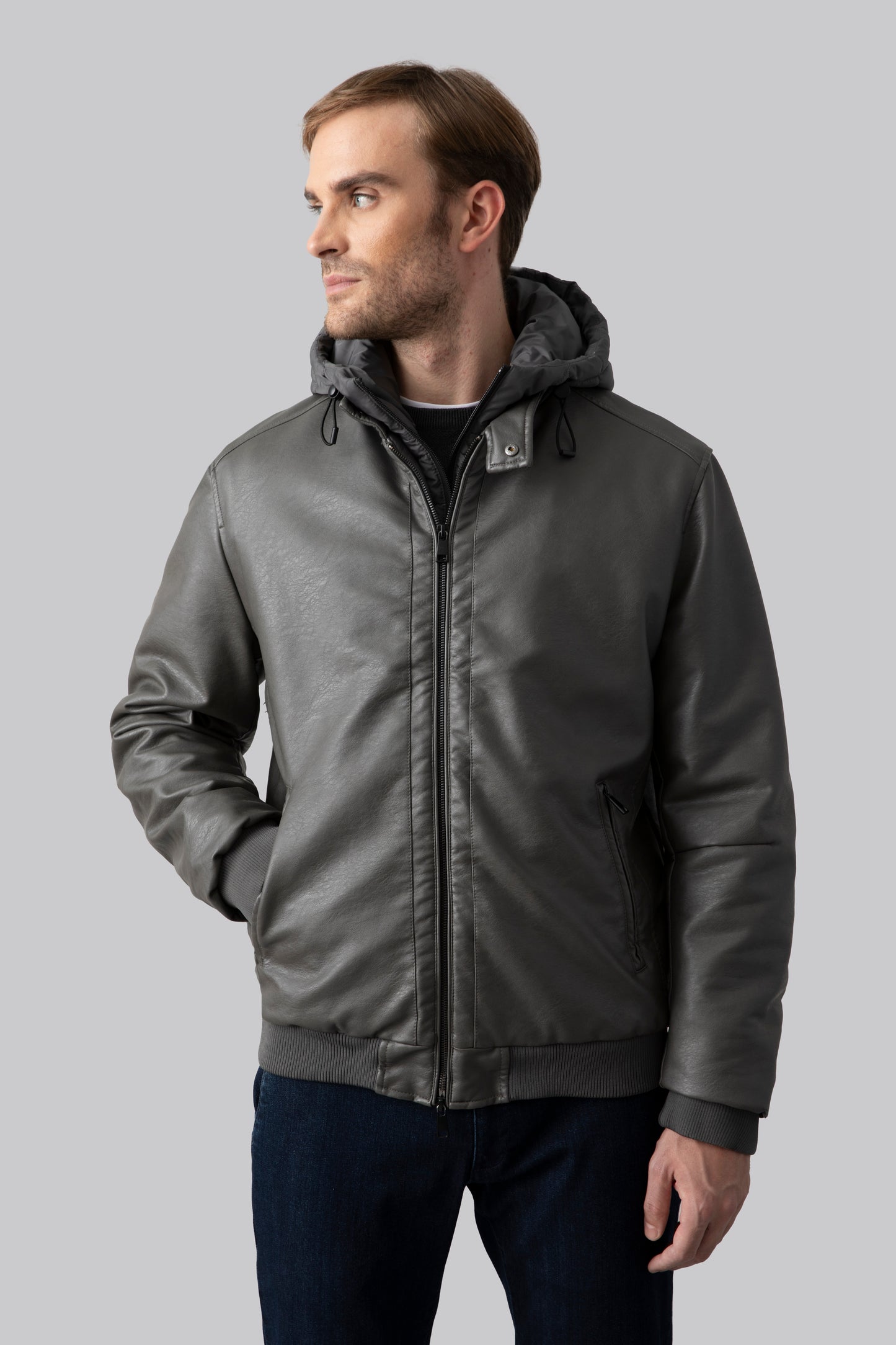 Padded eco-leather jacket with metal zips