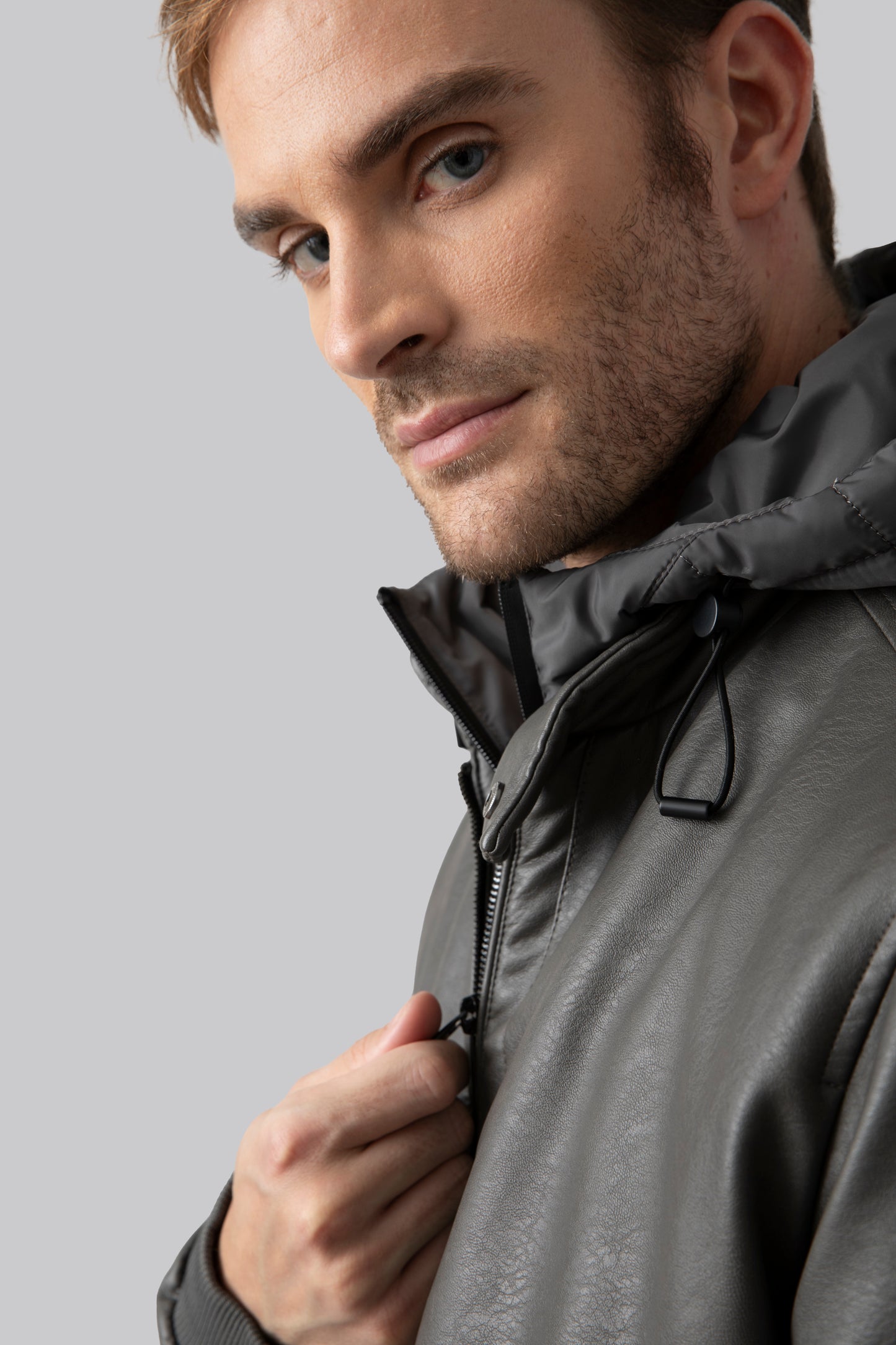 Padded eco-leather jacket with metal zips