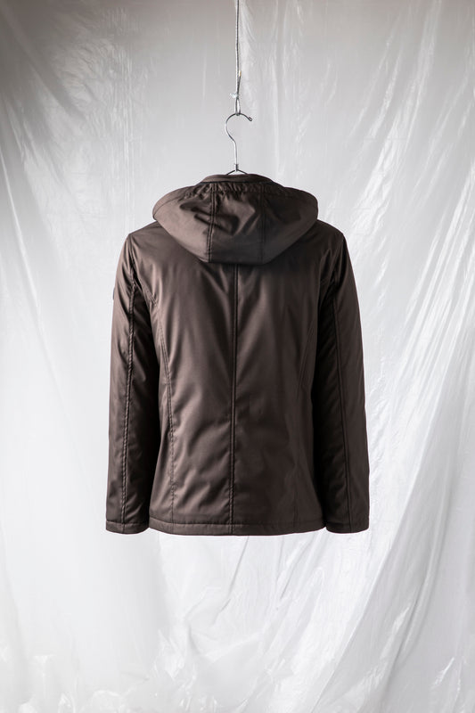 Padded jacket with detachable hood and rubberized details