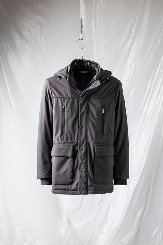 Padded jacket in technical fabric with detachable hood