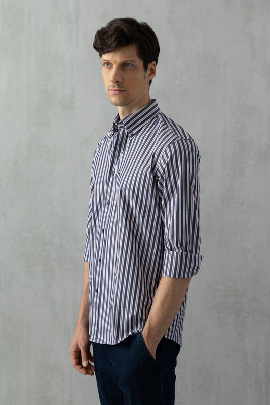 Multicolored striped patterned button-down cotton shirt