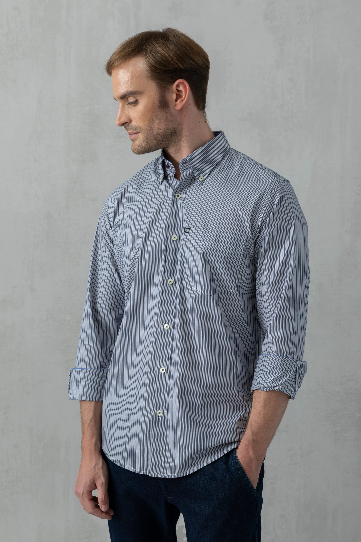 Camicia button down in popeline fantasia rigata di cotone