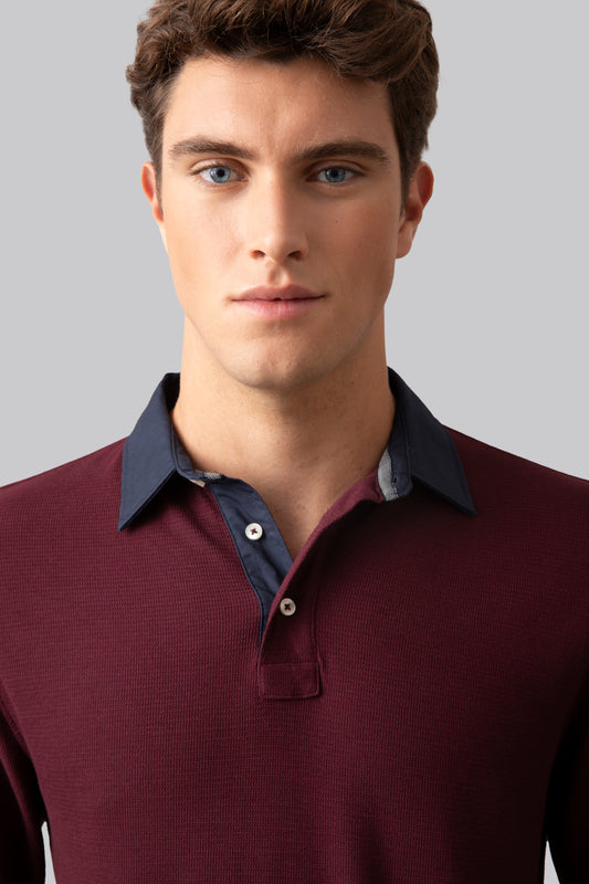 100% cotton micro jacquard long-sleeved polo shirt with fabric collar