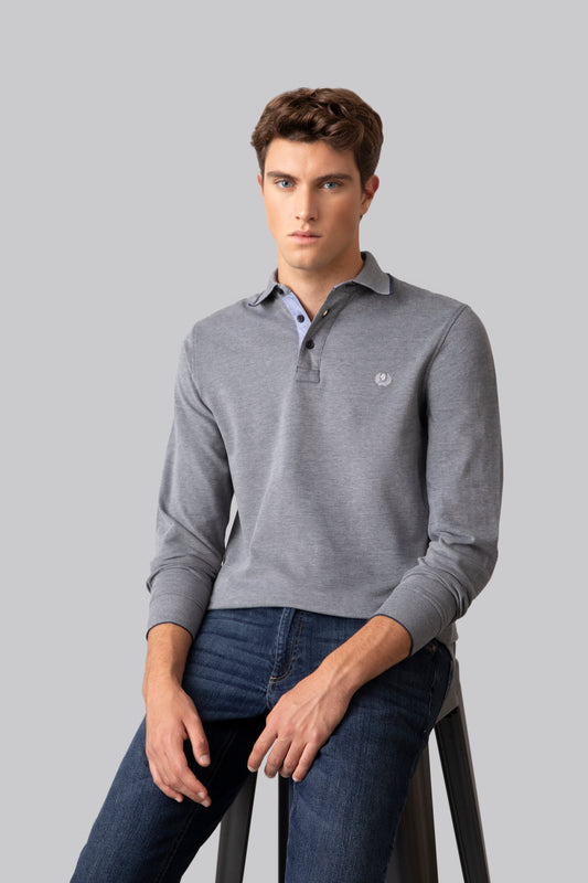 Long sleeve polo shirt in 100% two tone cotton