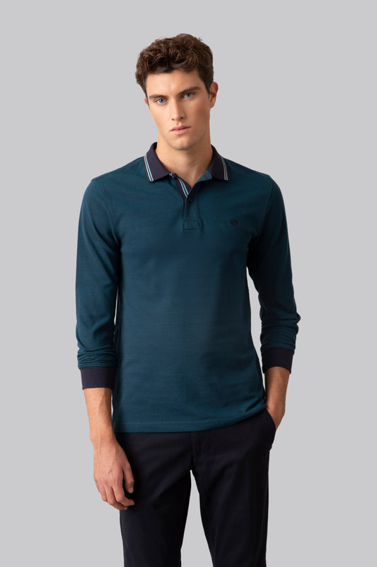 Long sleeve polo shirt in 100% two tone cotton