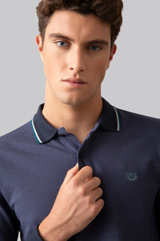 Long sleeve polo shirt in 100% two tone cotton