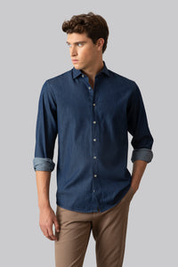 Camicia collo classico in denim di cotone lavaggio blu scuro