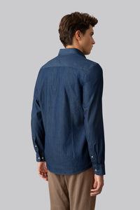 Camicia collo classico in denim di cotone lavaggio blu scuro