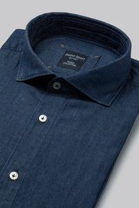 Camicia collo classico in denim di cotone lavaggio blu scuro