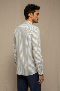 Korean shirt in medium stripe cotton linen blend pattern