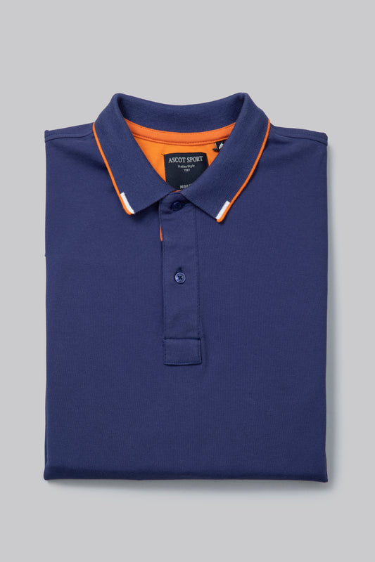 Short sleeve polo shirt in stretch cotton with contrasting color undercollar